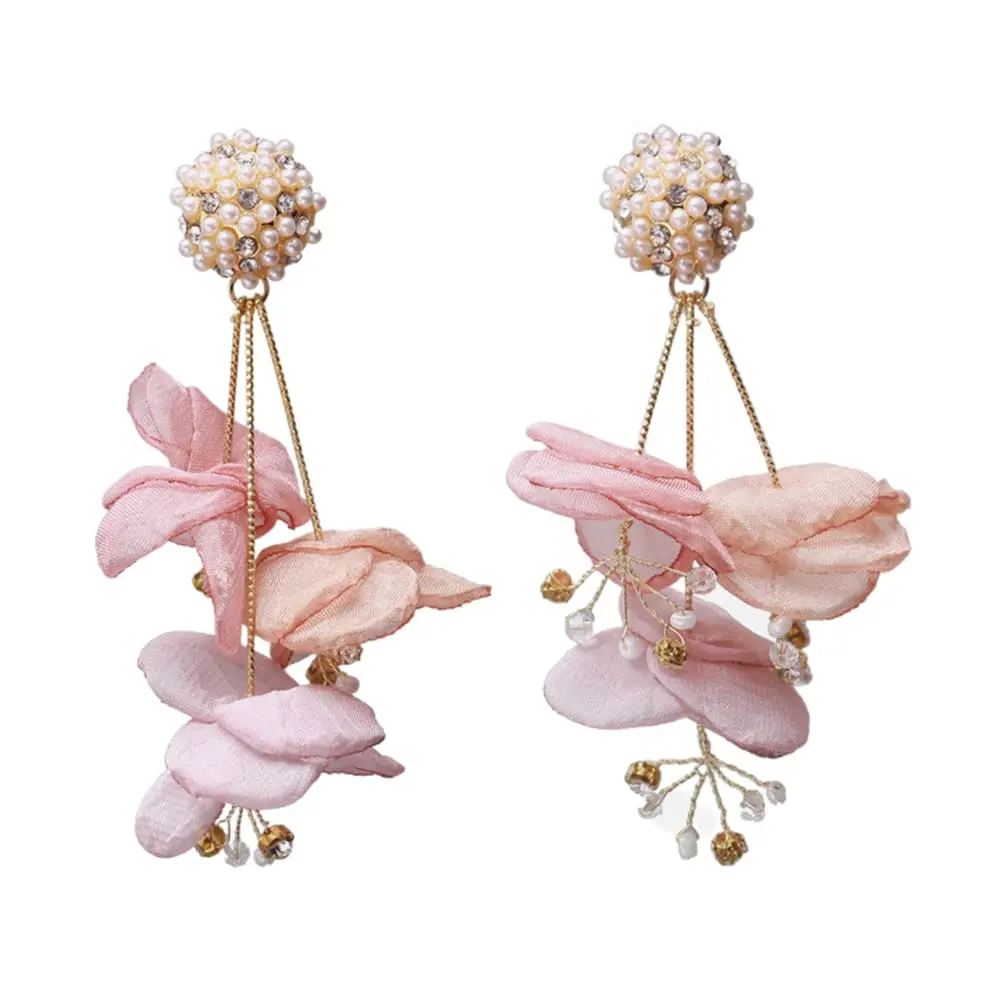 

Bohemian Fabric Flower Dangle Earrings For Women With Pearl And Rhinestone
