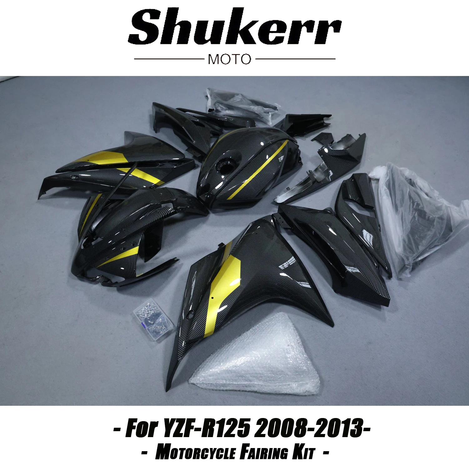 Fit for Yamaha Yzf R125 Yzf-R125 2008-2012 Carbon Fiber Plastics Fairing Kit Injection Mold Bodywork Panel Kit Black Gold 09 10