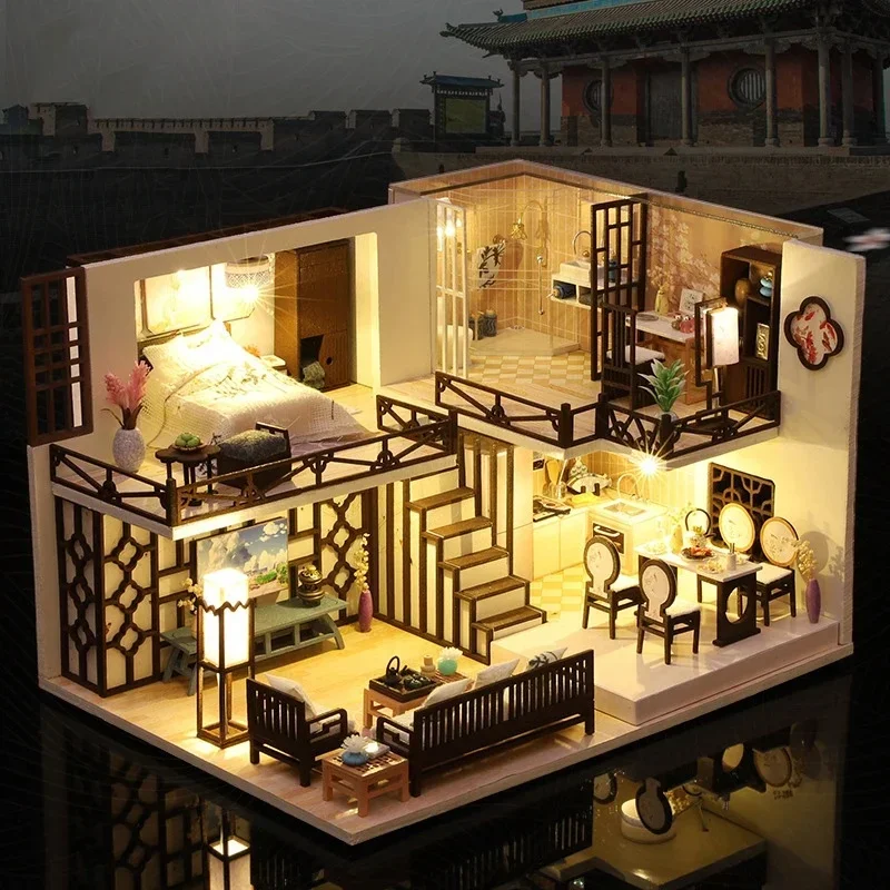 DIY Wooden Warm Chinese Style Cottage Miniature Dollhouse 3D Puzzle Assembly Model Kit for Friends Birthday Gifts Home Decor
