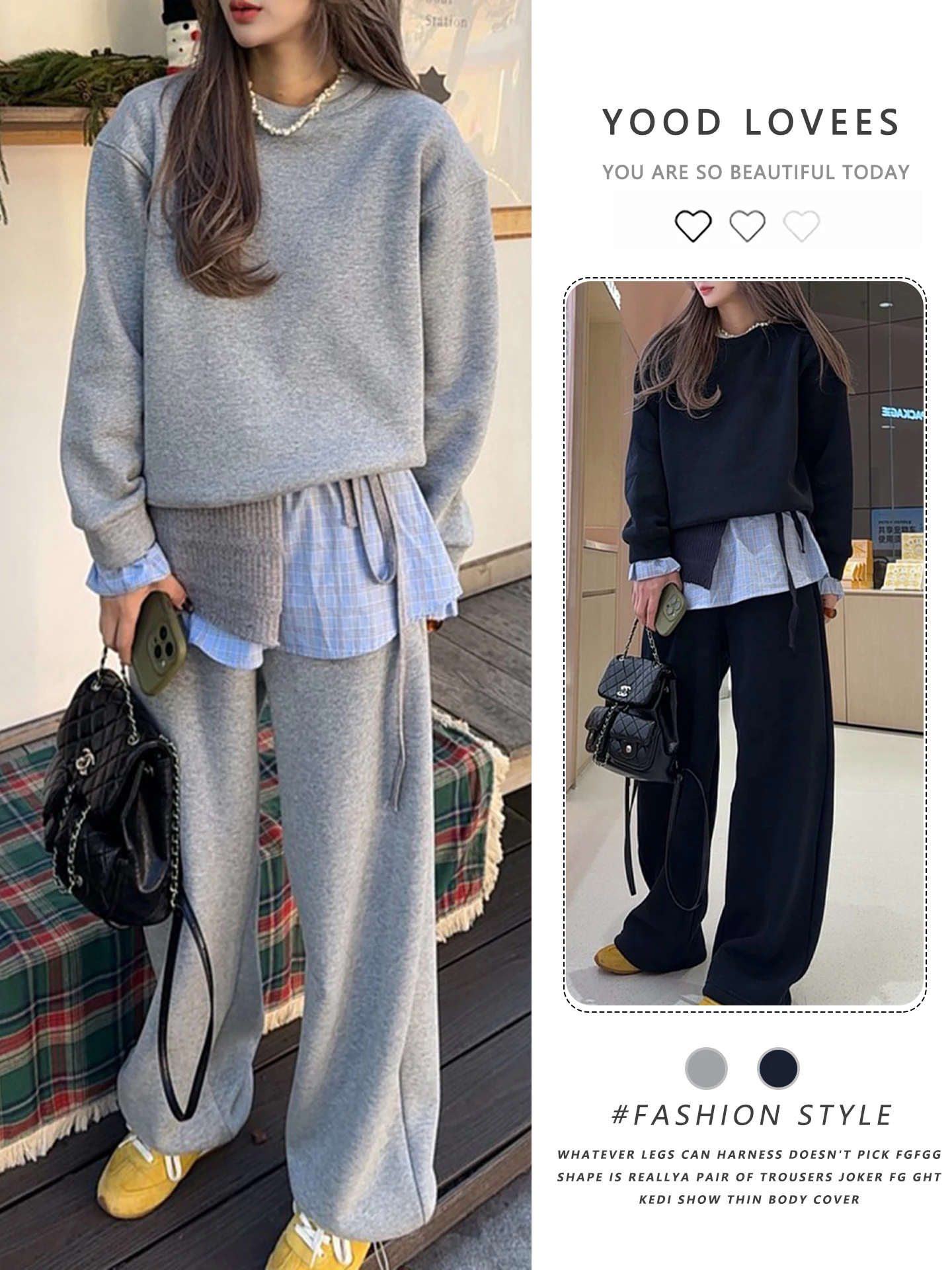 

Fashionable Plaid Sweatshirt Set Women's Spring Autumn New Design Sense Three Piece Set High Waist Long Pants round Neck