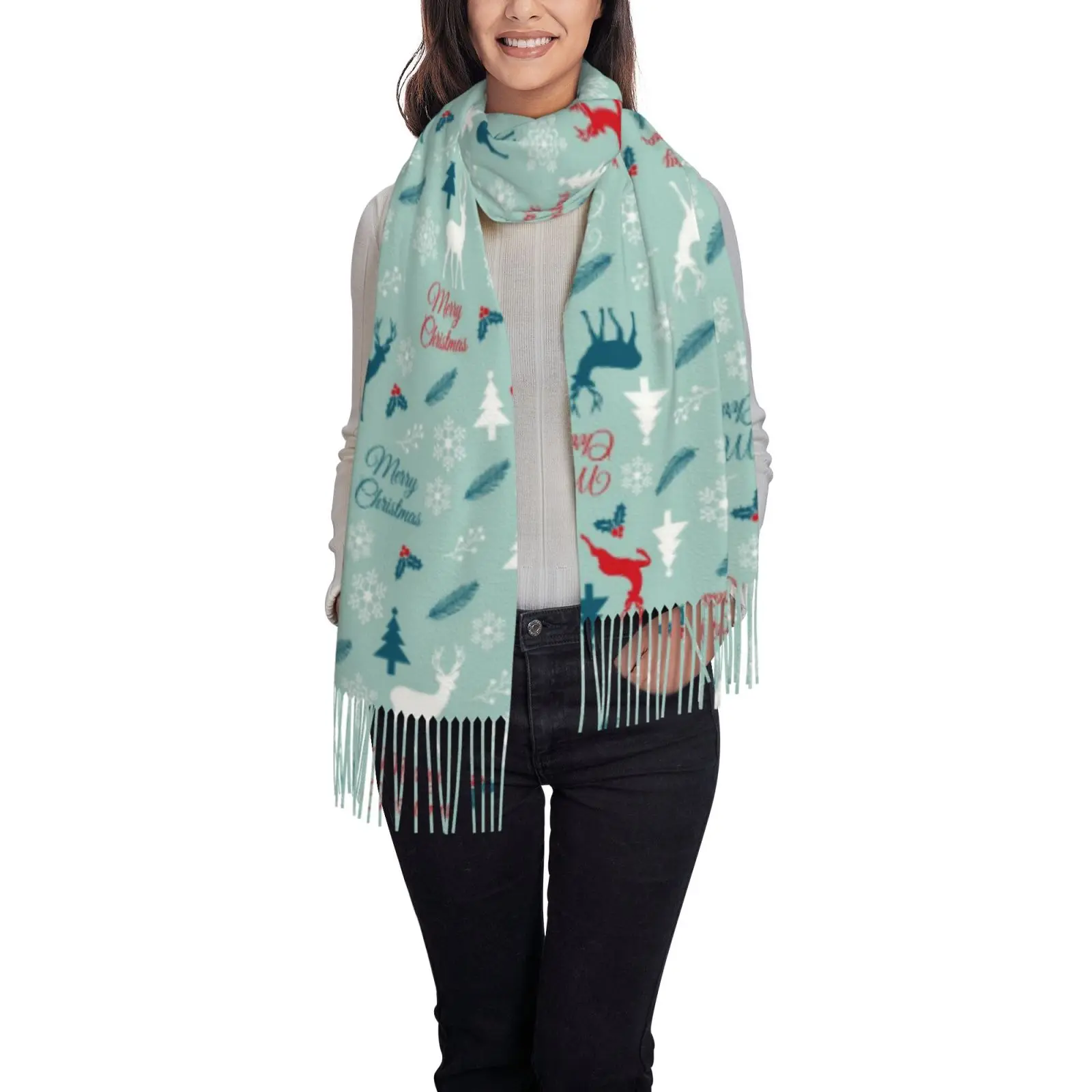 Christmas Reindeer Snowflake Pattern Tassel Shawl for Women, Oversized Wrap Scarf, Winter Holiday Fashion Accessory