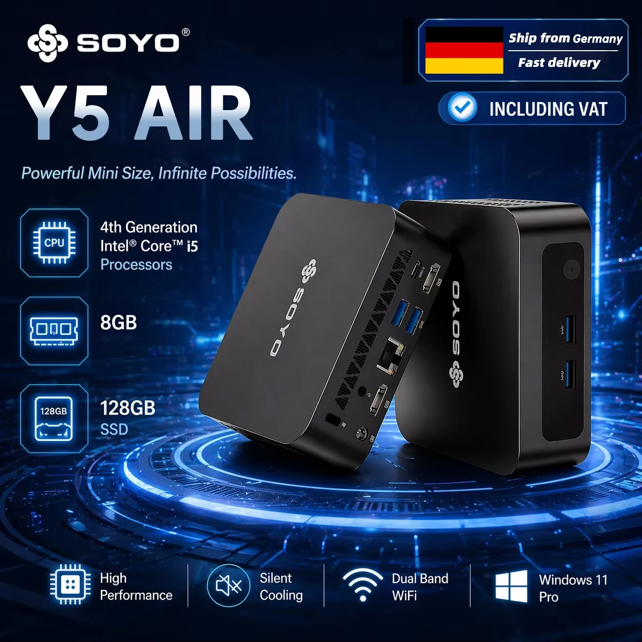 SOYO Y5 AIR Mini-PC, 4. Generation Intel Core I5-4250U Prozessor, 8 GB RAM, 128 GB SSD, Windows 11 PRO, Bluetooth, WIFI5, Mini-Desktop-Computer