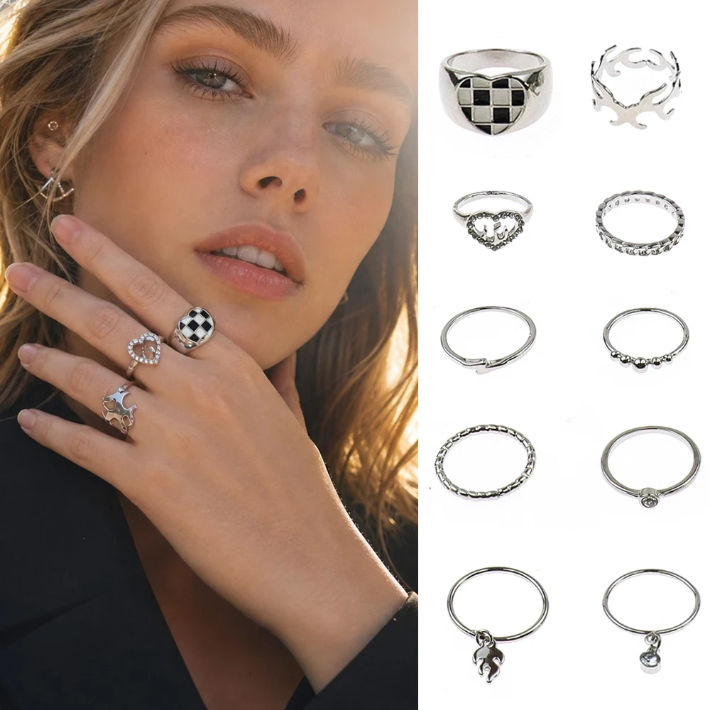 10Pcs Y2K Stackable Ring Set Silver Tone Checkerboard Heart Flame Finger Rings Punk Jewelry