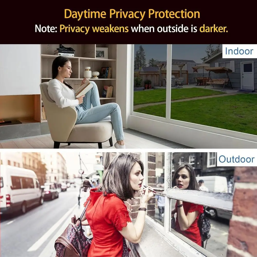 Upgraded One Way Window Privacy Film Sun Heat Blocking Reflective Mirror Window Tint Home Glass Windows Cover Static Cling Remov
