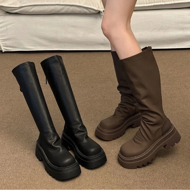 Women's Knee High Punk Boots with Pleated Thick Bottom High Heels Motocycle Knight Boots Leather Chunky Mid Leg Boot Back Zipper
