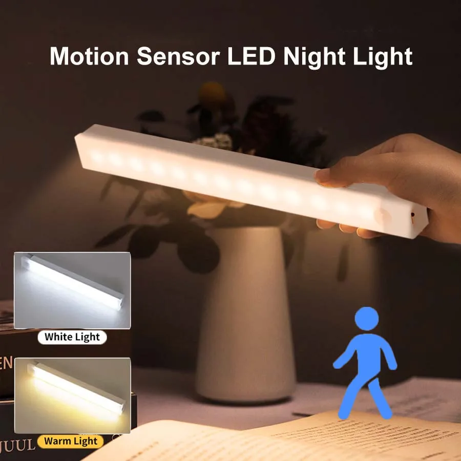 Barra de luz LED con Sensor de movimiento, Detector de infrarrojos recargable por USB, luz nocturna portátil para dormitorio, cocina, armario, escalera