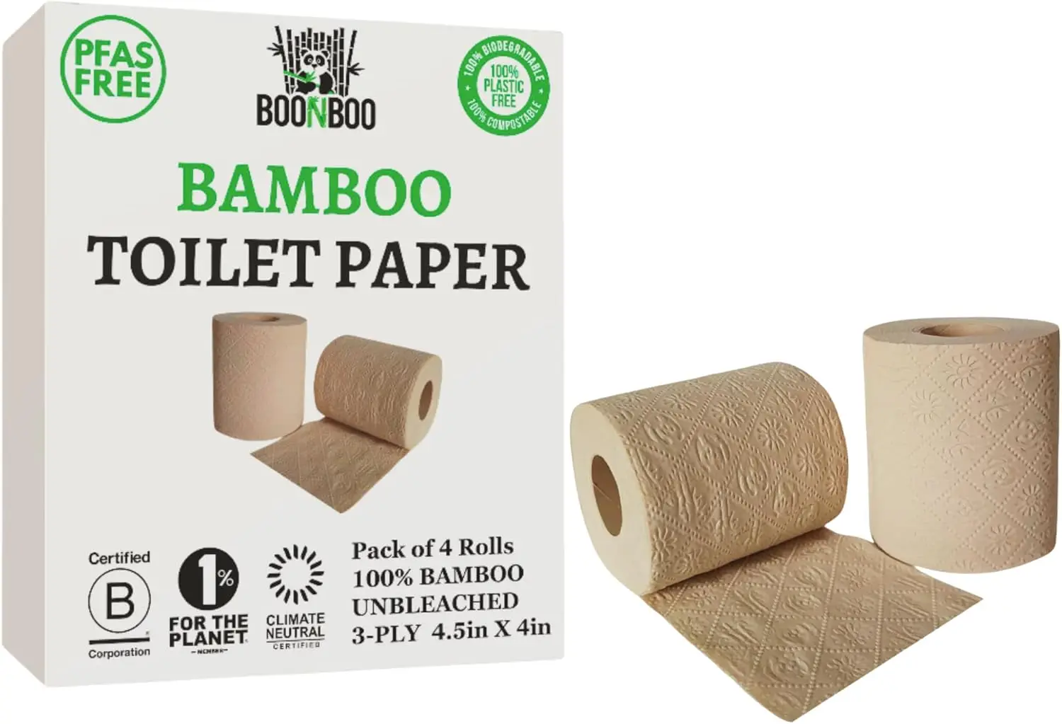 

Unbleached Bamboo Toilet Paper 3-Ply 4 Rolls, Natural Brown, Septic Safe Eco Friendly