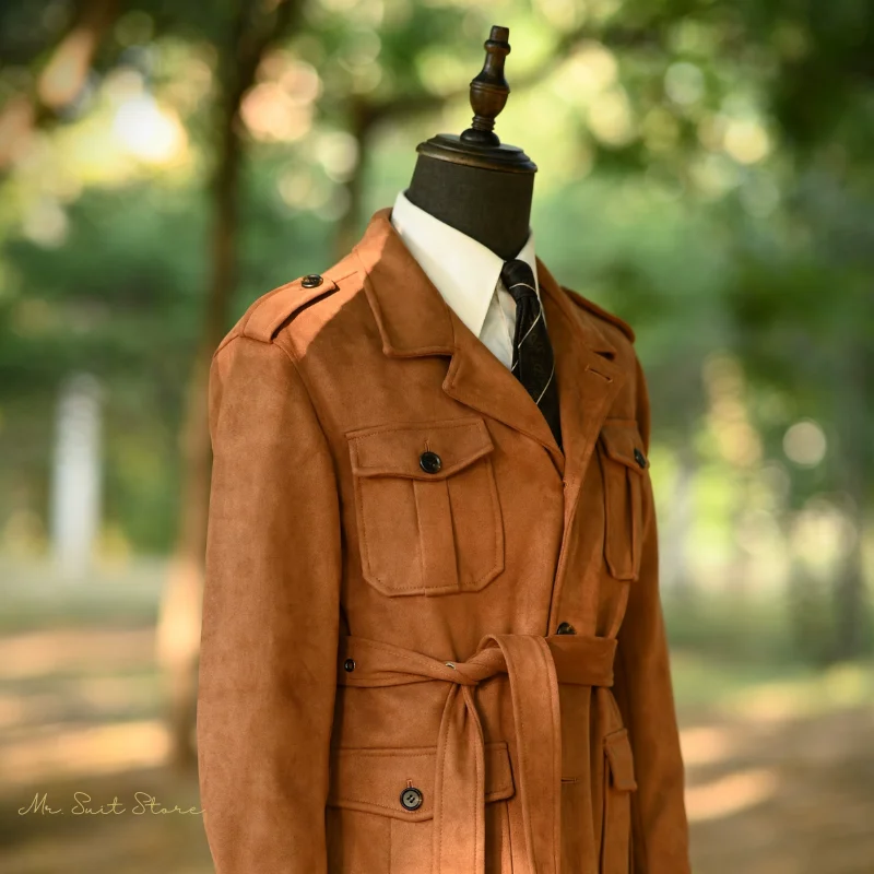 헌팅 재킷 영국 남성용 재킷 어깨 끈이 있는 비즈니스 따뜻한 출퇴근용 레트로 멀티 포켓 스웨이드 느낌의 라펠 수트 재킷