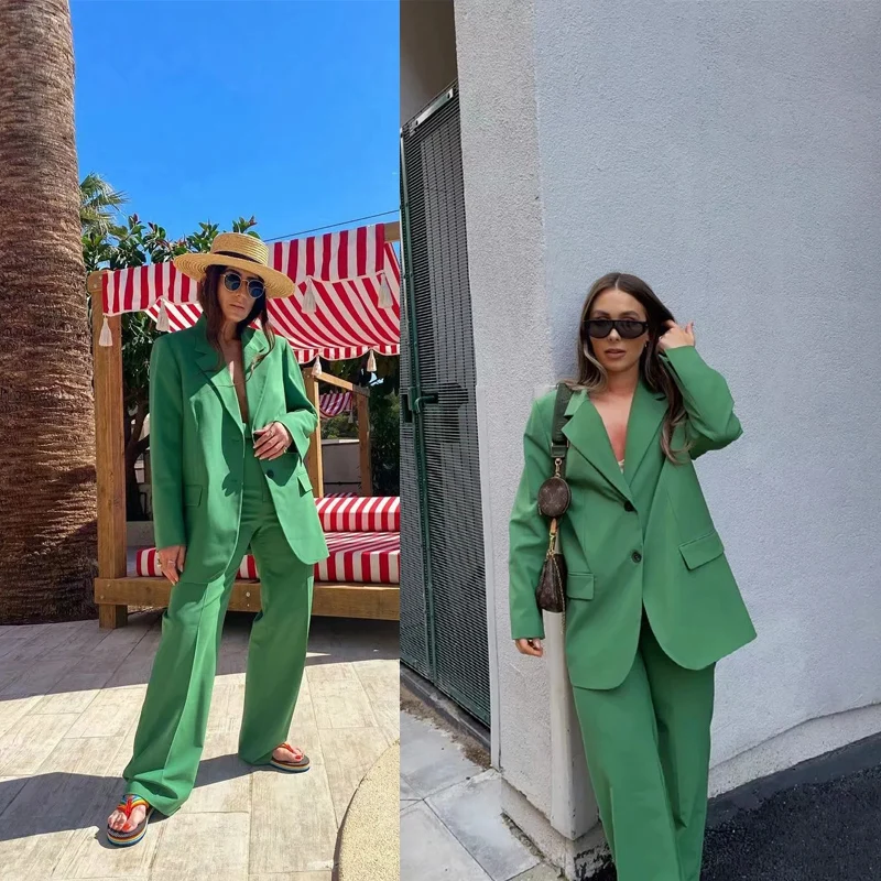 Loose Vintage Green Women Blazer Suits  Notched Lapel Flare Pants 2 Pieces Custom Made Single Breasted Casual Young Jacket