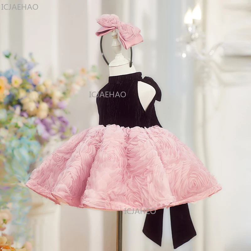 Purple Skirt Puffy Girls Birthday Party Princess Flower Girl Pink Black Rose Flower Velvet Dress Girls Evening Eid Kids Clothing