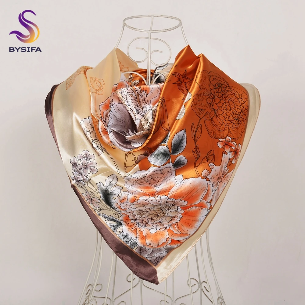 BYSIFA| New Beige Coffee Peony Silk Scarf Shawl 2022 Fashion Women Square Scarves Hijabs Fall Winter Muslim Head Scarf 90*90cm