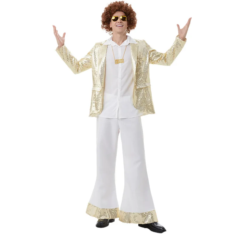 

Men's Gold Disco Costume Retro Hip Hop Rock Sets 70s Singer Host Stage Nightclub Outfit White Disco Pants Sparkling Suit