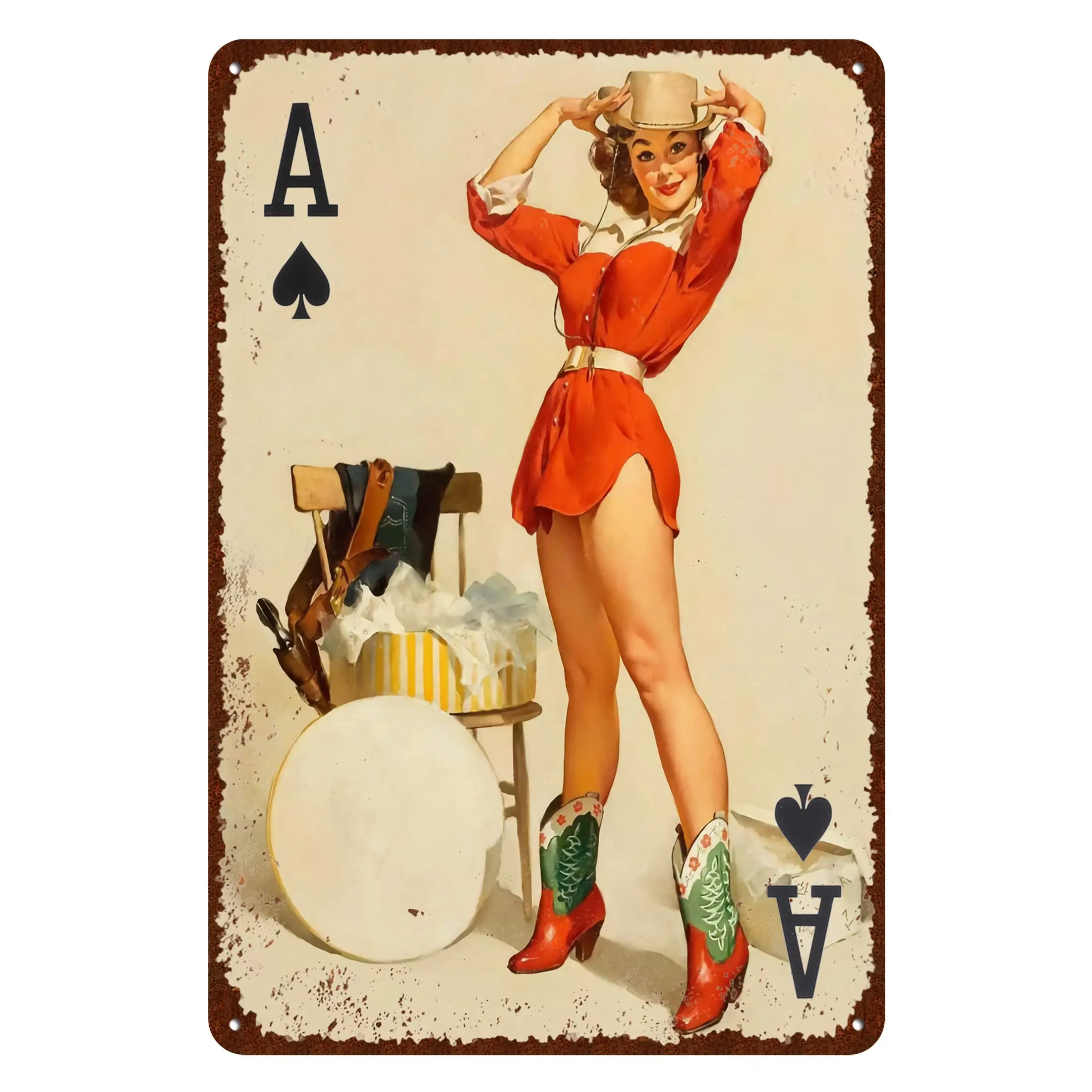 Vintage Poker Ace of Spades Sign, Poker Pin Up Girl Metal Sign Game Room Home Decorative Signs 12 x 8 Inches