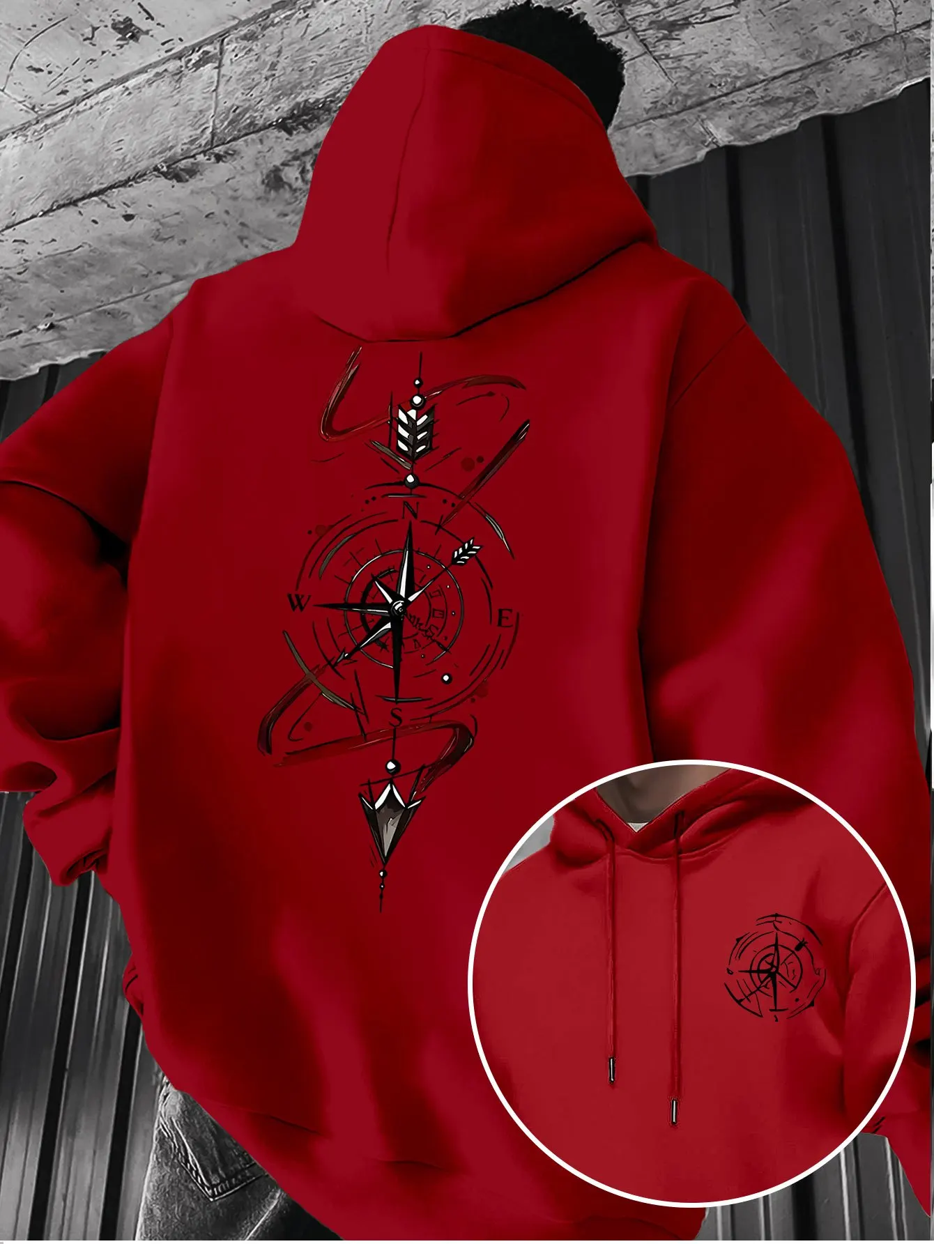 Halloween Retro Compass Arrow Casual Print Hooded Sweatshirt for Men and Women, Outdoor Niche Trendy Pullover Long Sleeve Hoodie