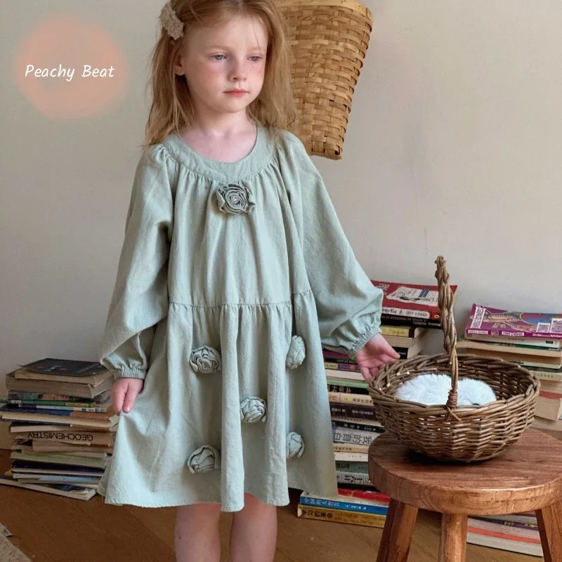 

Baby Girl Princess Cotton Flower Designed Dress Toddler Teen Child Elegant Long Sleeve Vestido Birthday Party Baby Clothes 2-12Y