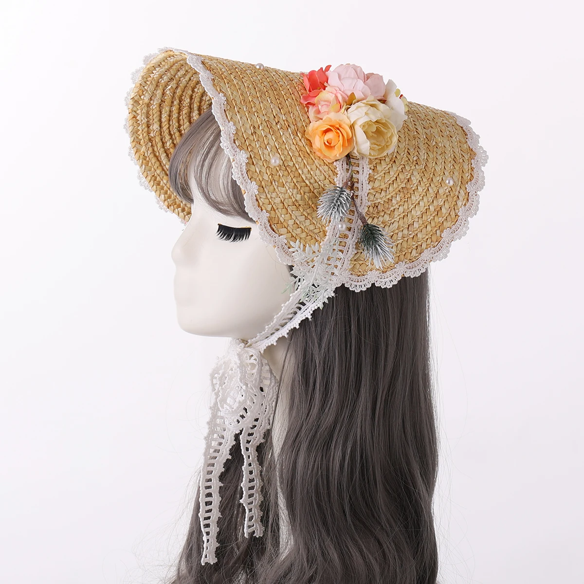 Victorian Bonnet Straw Hat for Women Cosplay Headpiece Flowers Lace Ribbon Flat Cap