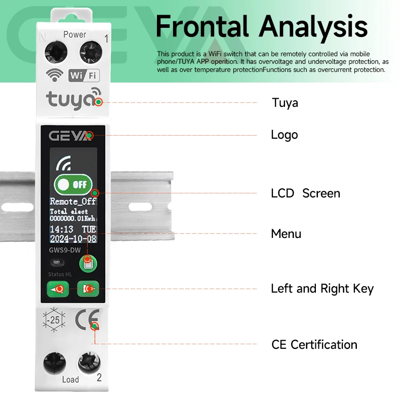 Picture 4: GEYA 1-63A Smart WiFi Circuit Breaker TUYA MCB with LCD Display ​SafetyOver Current Under Voltage Wireless Remote Control Switch