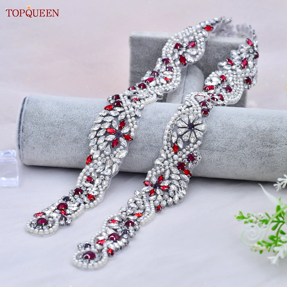 TOPQUEEN S82 Bridal Ruby Decorative Belt for Wedding Evening Dress Accessories Female Woman Fashion Belts Silver Rhinestones