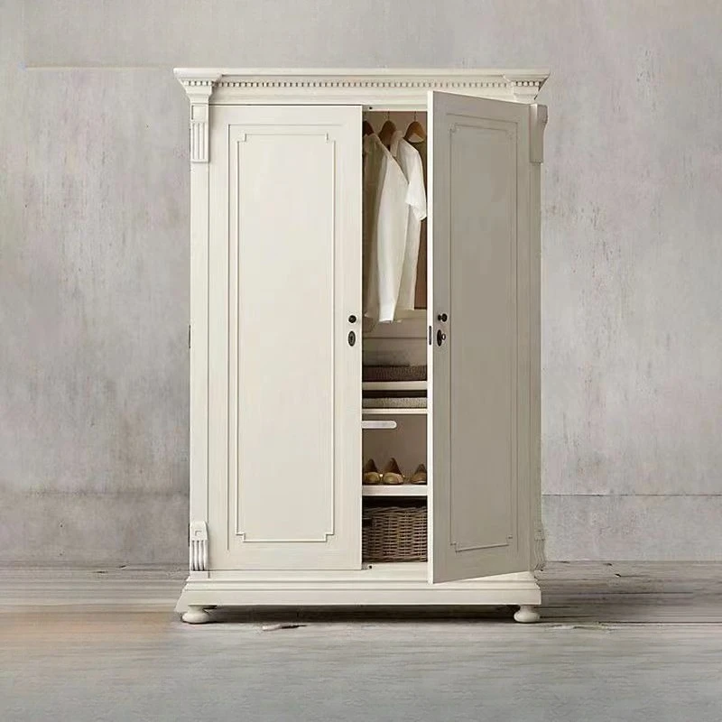 Solid Wood Two Door White Wardrobe with French Carvings for Bedroom Storage Nordic Style Closet Ideal for Home Organization and