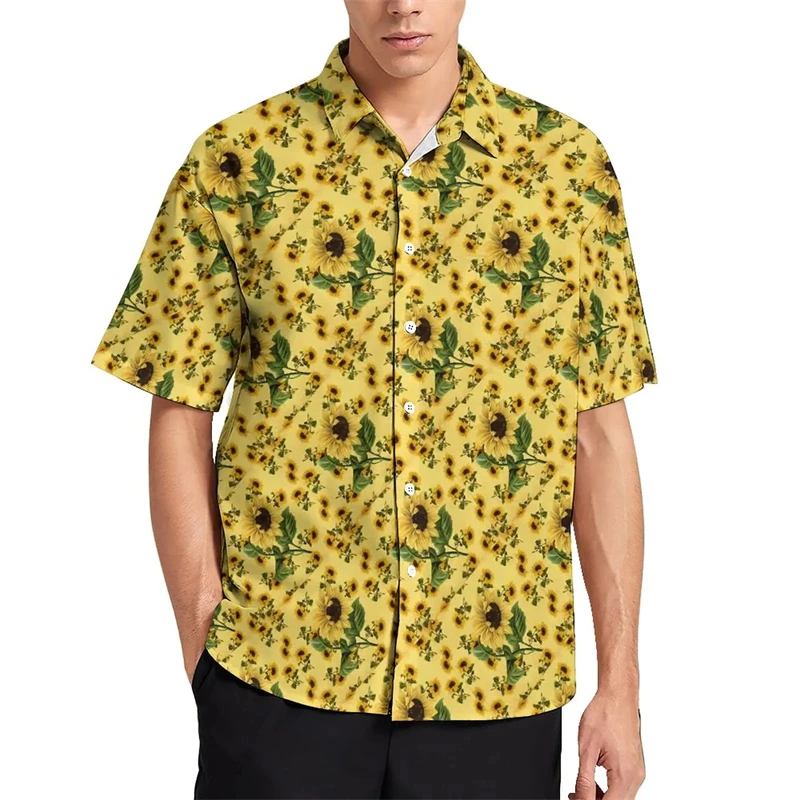 3D Printed Sunflower Plant Blouses Purple Flower Graphic Beach Shirts For Men Clothes Vacation Y2k Short Sleeve Boy Button Tops