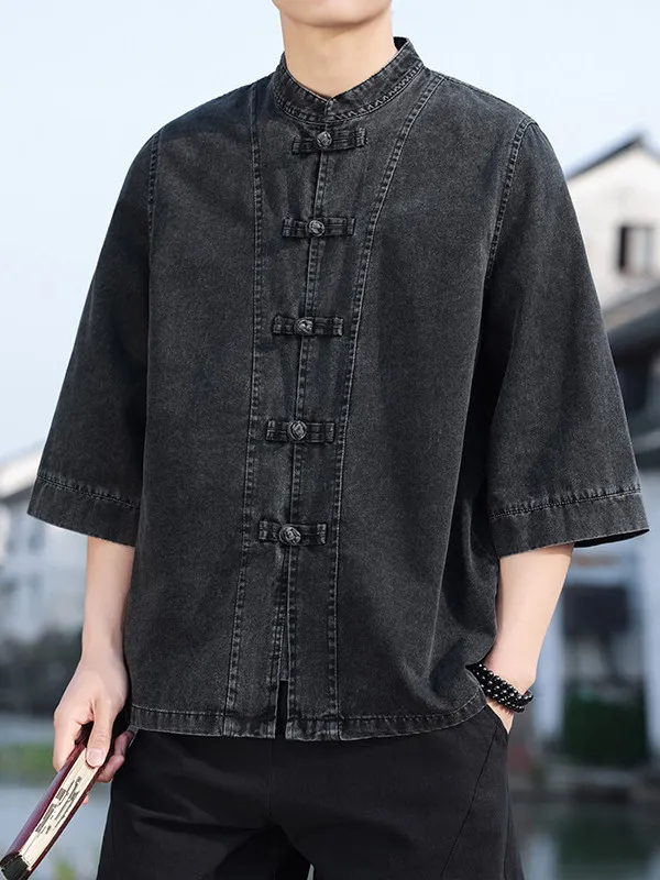 

Retro Waed Denim irt Men's Loose Fit Summer Large Size ort Sve Tang Costume New Chinese Sle irt Breathable Cotto...