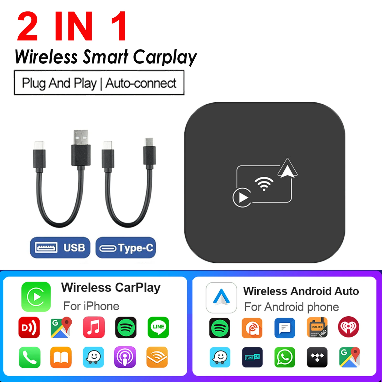 CarPlay AI Box BT WiFi Wireless Carplay Android Auto Adapter 2- in-1 Mini Box Plug&Play for OEM Wired CarPlay/Andriod Auto Cars