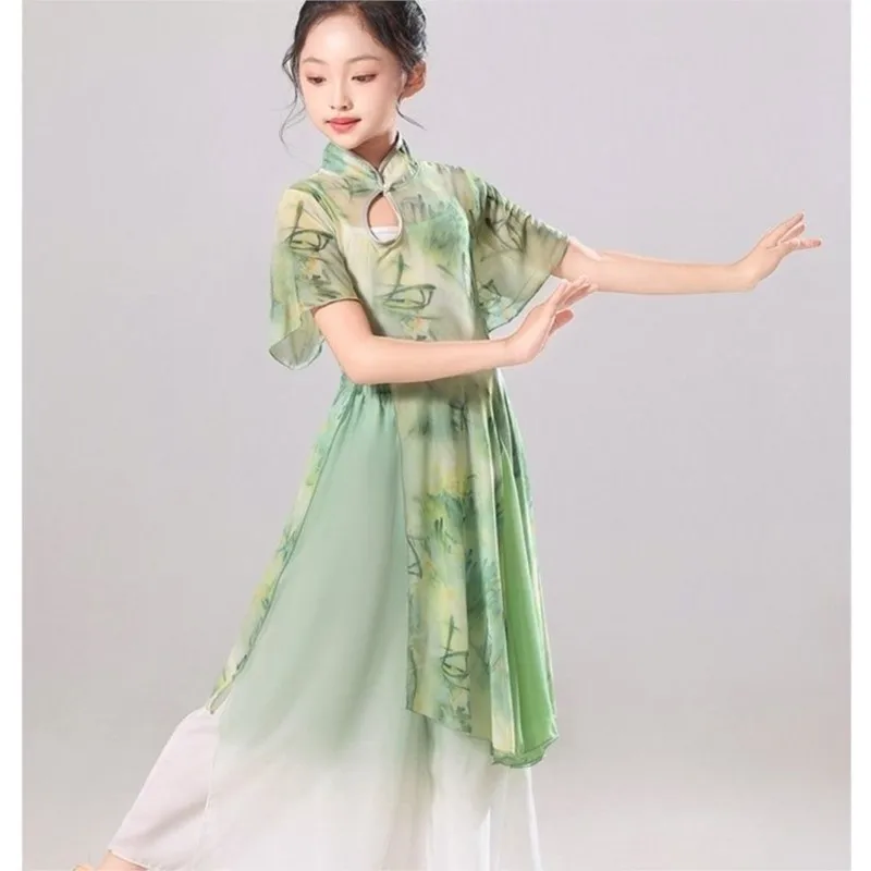

2025 Children's Classical Dance Costume Set Kids' Printed Cheongsam Dress Practice Dance Dress Kids' Dancing Uniform LI280