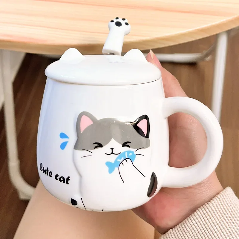 Cartoon Cat New Ceramic Mug With Lid And Spoon Office Water Cup Cute Ceramic Cup Student Cup Breakfast