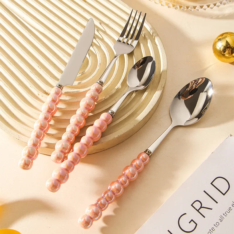 Ceramic Pearl Handle Flatware Set Stainless Steel Cutlery Set Creativity Knife Spoon Fork Tableware Set