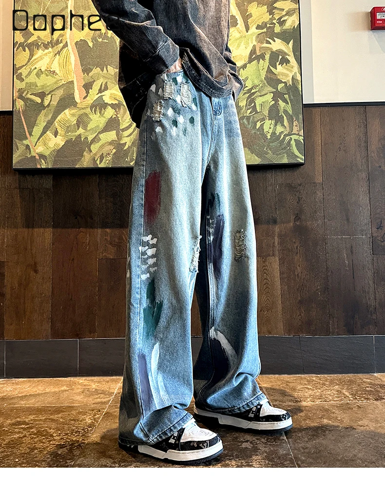 

2024, весна и осень, новые мужские синие джинсы с граффити, модные прямые свободные повседневные длинные брюки с высокой талией в американском стиле ретро