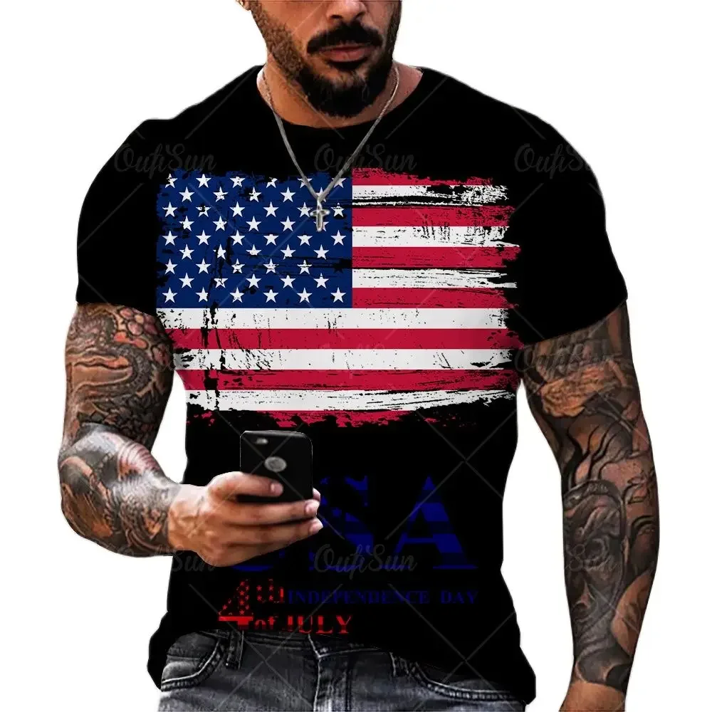 Summer American Flag Printed Men's T-shirt Casual Round Neck Short Sleeve Top Statue of Liberty Pattern T-shirt Fashion Trend