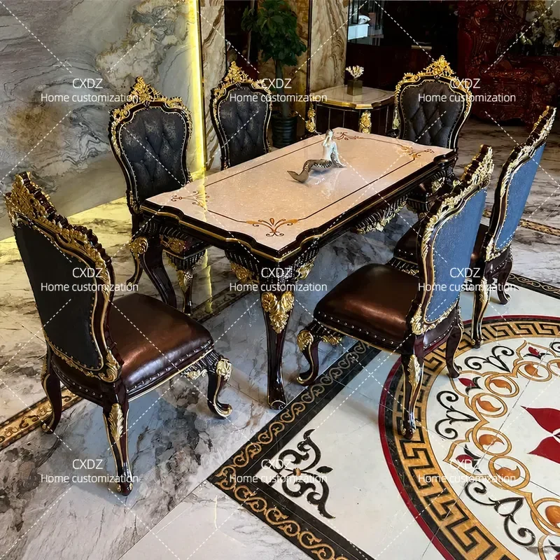 European French dining table and chairs 6 people combination home restaurant neoclassical rectangular solid wood carving