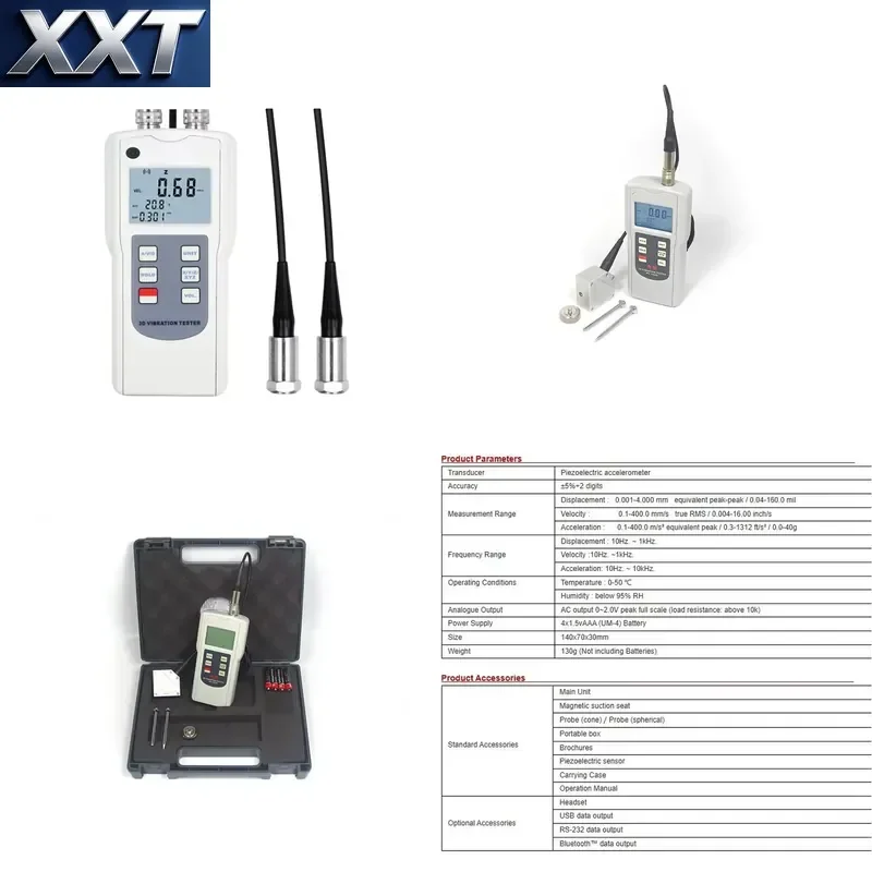 XXT Vibration Tester AV-160D-2 with Piezoelectric Accelerometer Display Displacement, Velocity and Acceleration