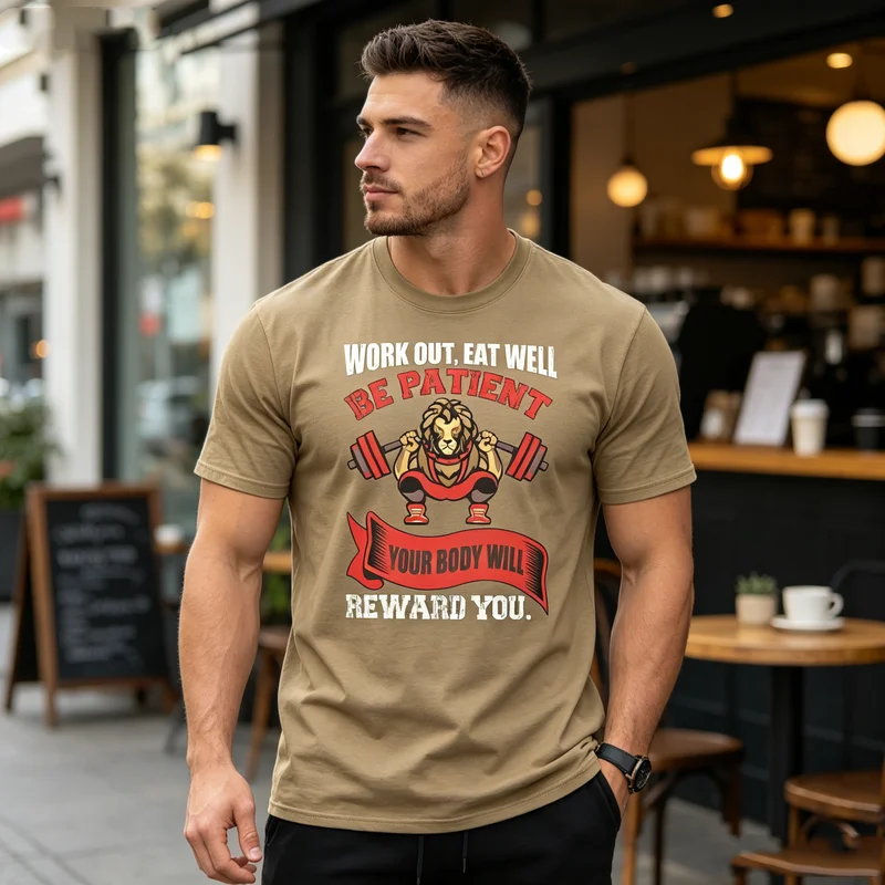 Work Out Eat Well Be Patient Fitness Graphic T Shirt Men Women Cotton Short Sleeve Workout Top