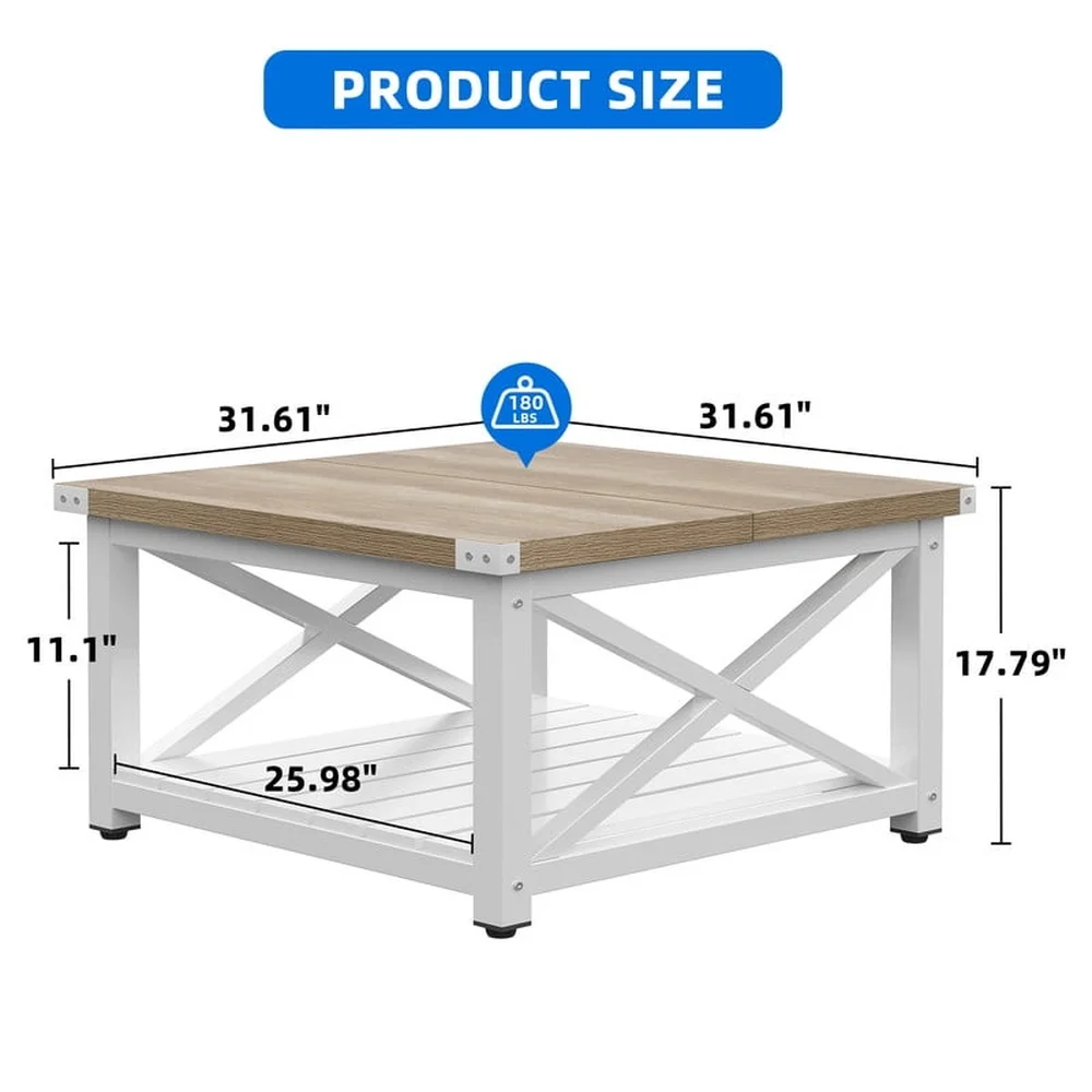 Square Wood Coffee Table with Storage Rustic Center Table Living Room Versatile Design Durable MDF Construction Easy Assembly