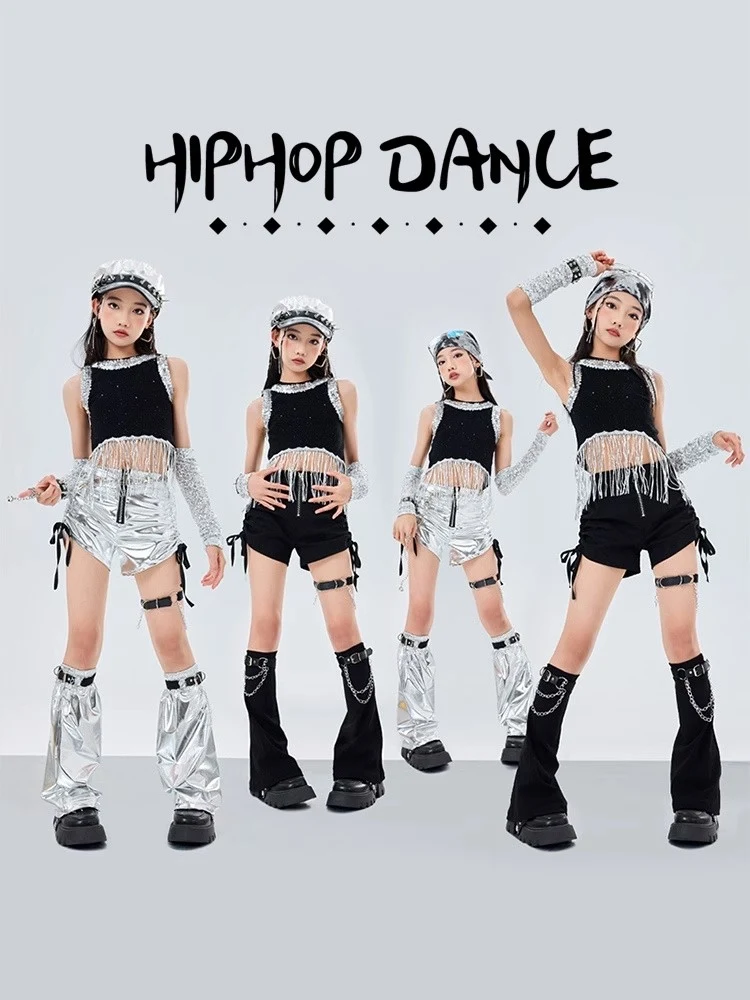 

2025 Girls Sequin Tassel Jazz Dance Performance Costume Kids Kpop Outfits Catwalk Concert Stage Wear Navel Tops Shorts BL16017