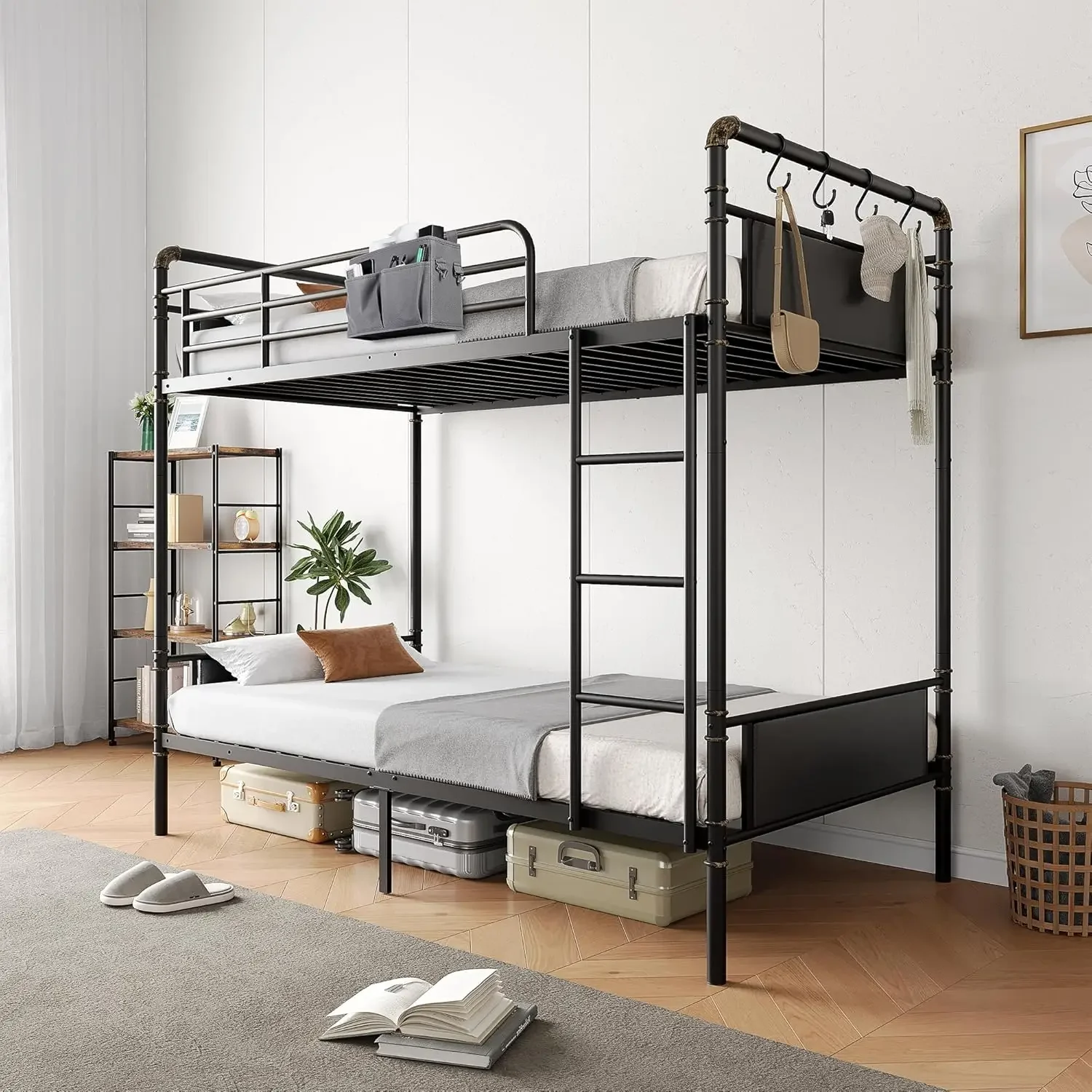 Bunk Bed Twin Over Twin, Industrial Bunkbeds with Heavy Duty Bed with Safety Guard Rails and Space-Saving Design, Steel Be