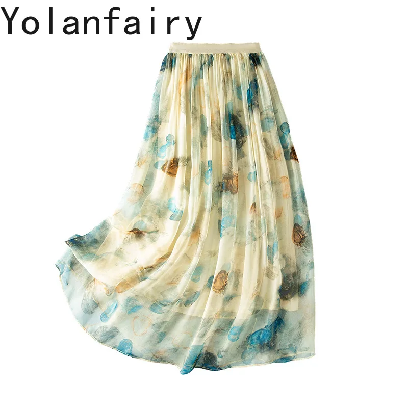 YOLANFAIRY 100% Real Mulberry Silk Skirts for Woman Summer Fashion Floral Skirt Women Clothing Elegant Elastic Waist Skirts 2026