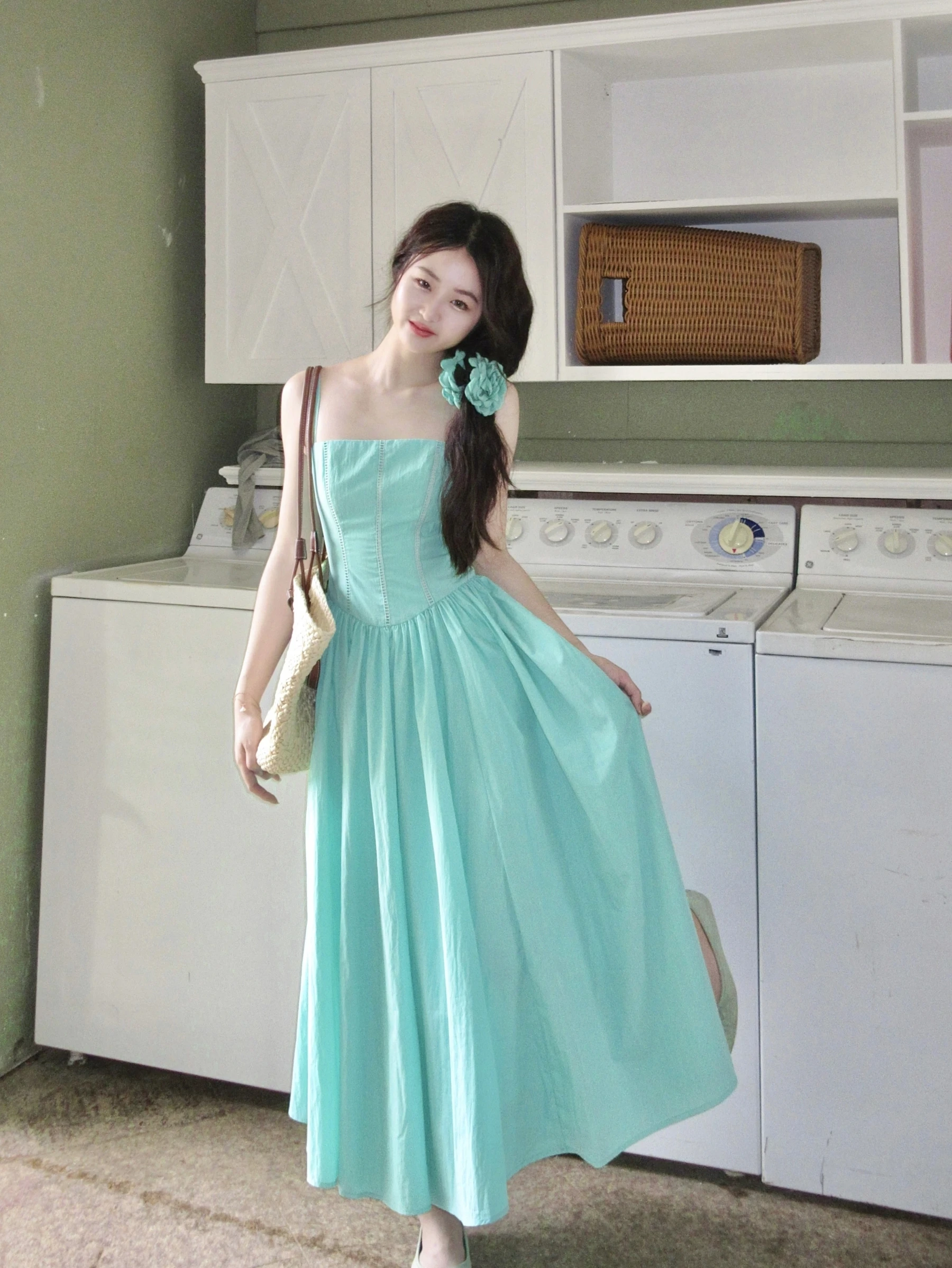 

Joey Mint Wave Blue een Dr Long Holiday Feeling Maxi Skirt Sle l Waist Cotton Nylon Blend Svel Zipper Closure