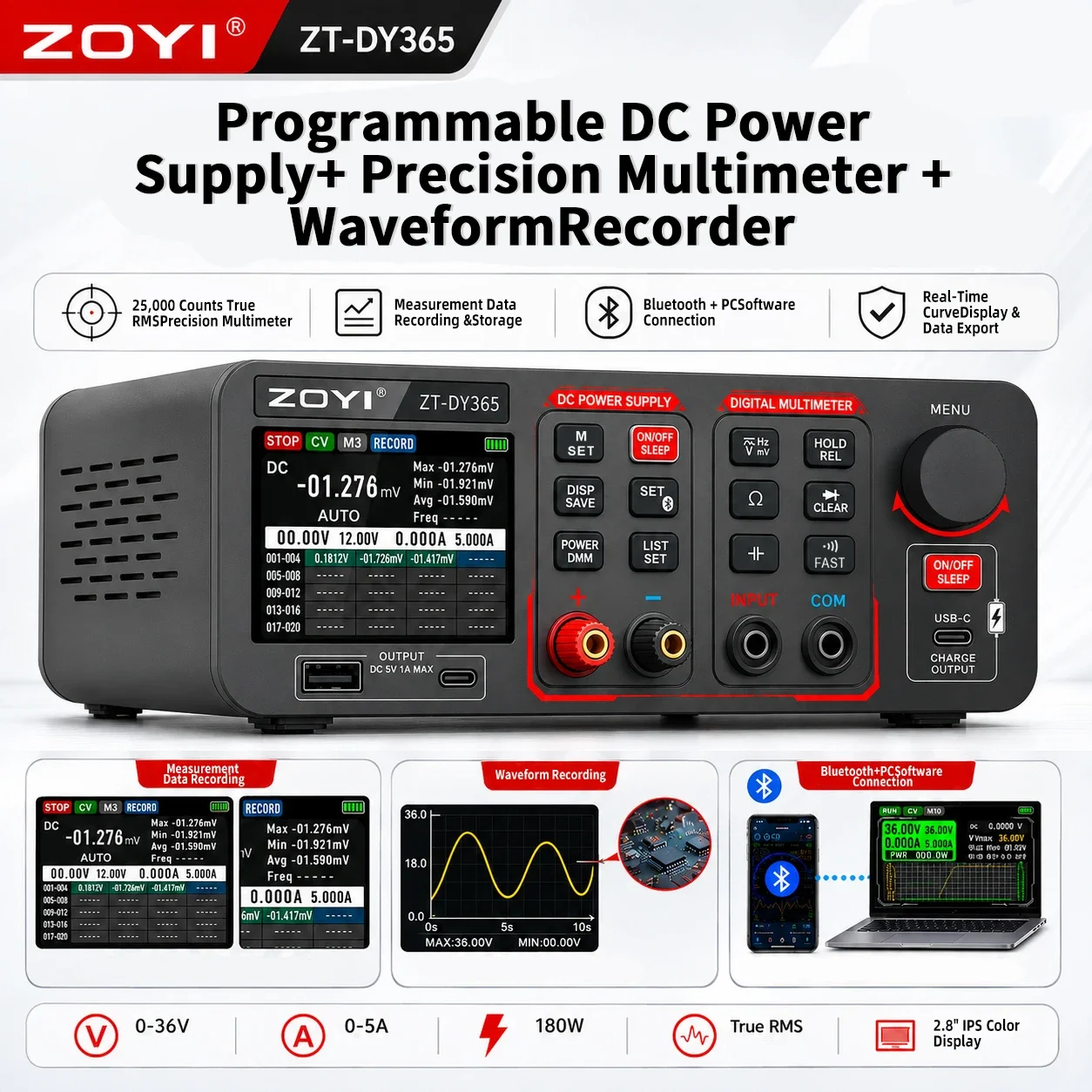 ZOYI DY365 2-in-1 Bench Power Supply Digital Multimeter 25000 Counts True RMS 0-36V 5A 180W Bluetooth PC Software Data Logging