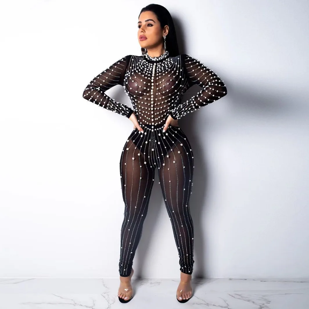 Sparkly Rhinestone Women Black Jumpsuit Shining Pearl Bodycon Bodysuit One Piece Performance Party Clubwear Jump Suits for Women