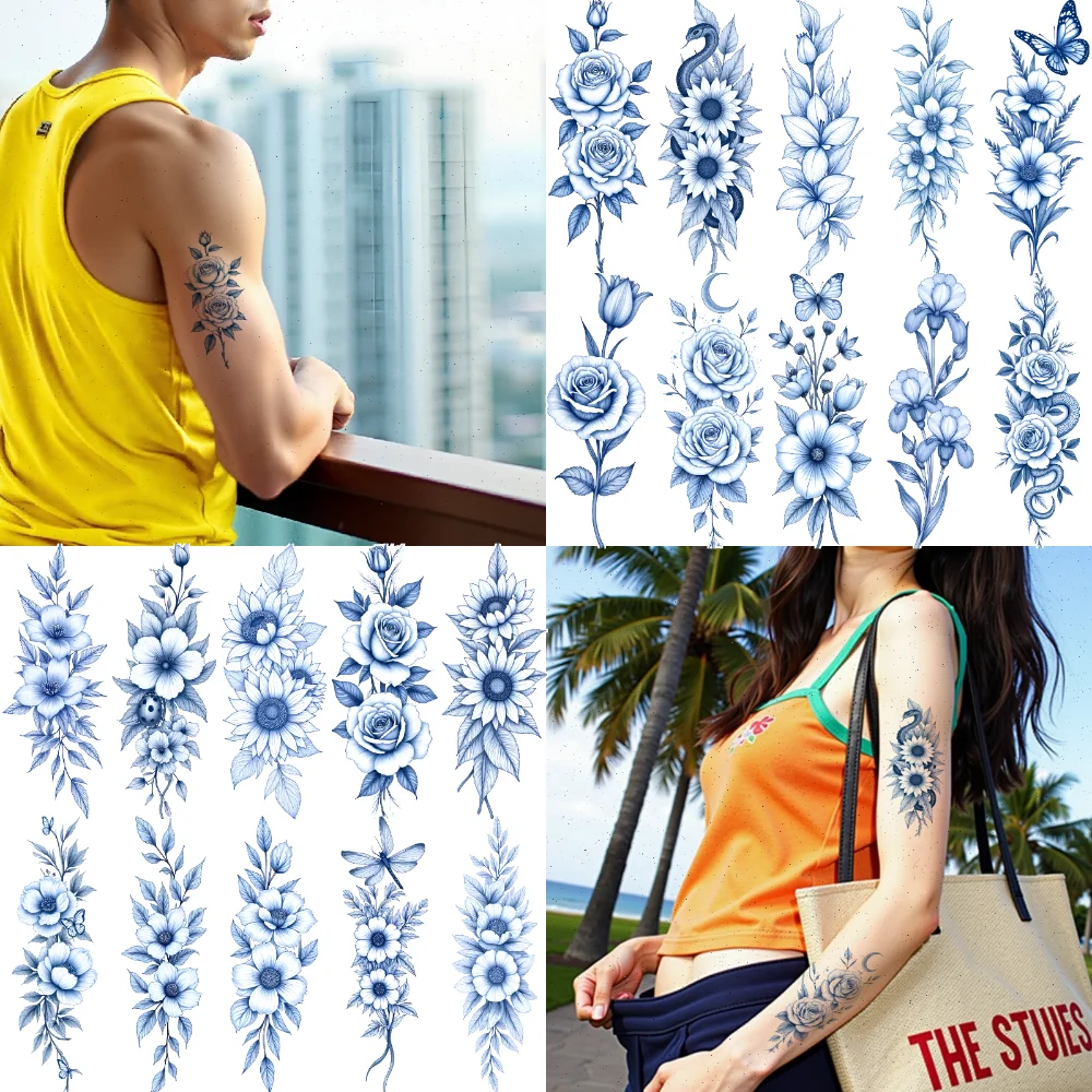 

12 шт., временные татуировки с цветочным узором, временные татуировки, наклейки, дизайн бабочек, синяя линия для рук, спины, бедер
