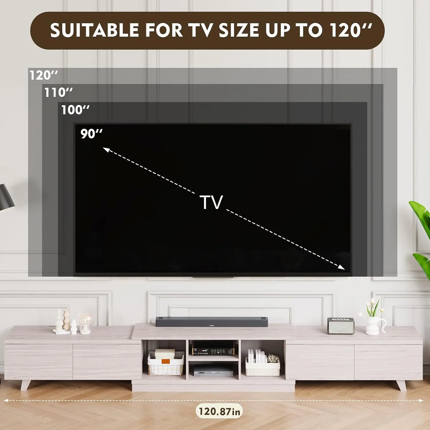 Extendable TV Stand for 120 Inch TV, Entertainment Center 4 Drawers & 2 Storage, Adjustable Length 95