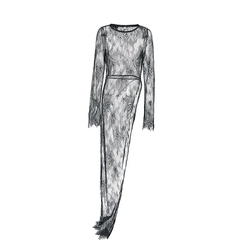 เสื้อยืดซีทรูผู้หญิงแขนยาวยาวพิเศษไม่สม่ำเสมอชายเสื้อบางเที่ยงคืนแนวโน้มที่เรียบง่ายสตรีทฤดูใบไม้ผลิฤดูร้อนเสื้อลูกไม้