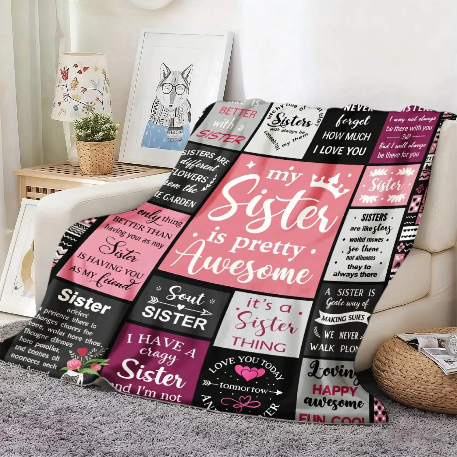 Cozy Sister Friendship Throw Blanket Polyester Decorative Wrap for Girls Best Friends Room Decor Gifts Trendy Cute Boho Aestheti