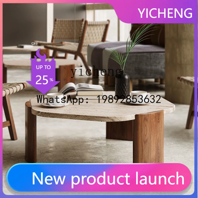 

X6 Natural Travertine Coffee Table for Living Room, Small Household, Polygonal Mid-Century Style, Solid Wood