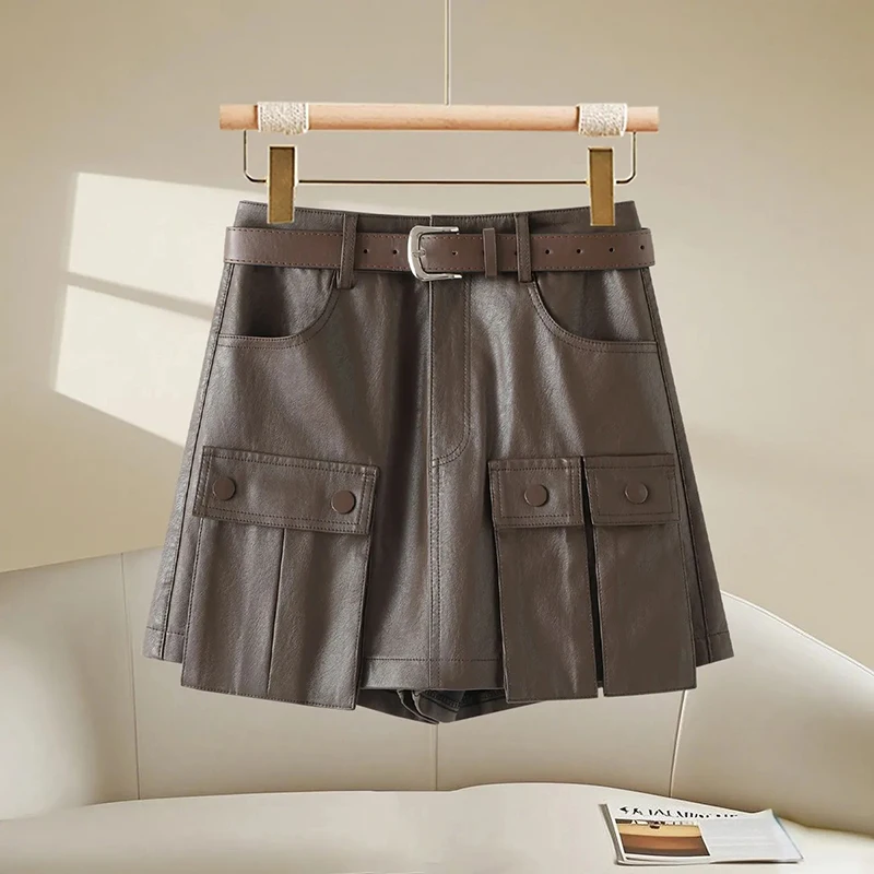 American Vintage Street Cargo Skort Women Pu Leather Black Casual Skort Harajuku Y2K High Waisted Chic Gothic Female Skort