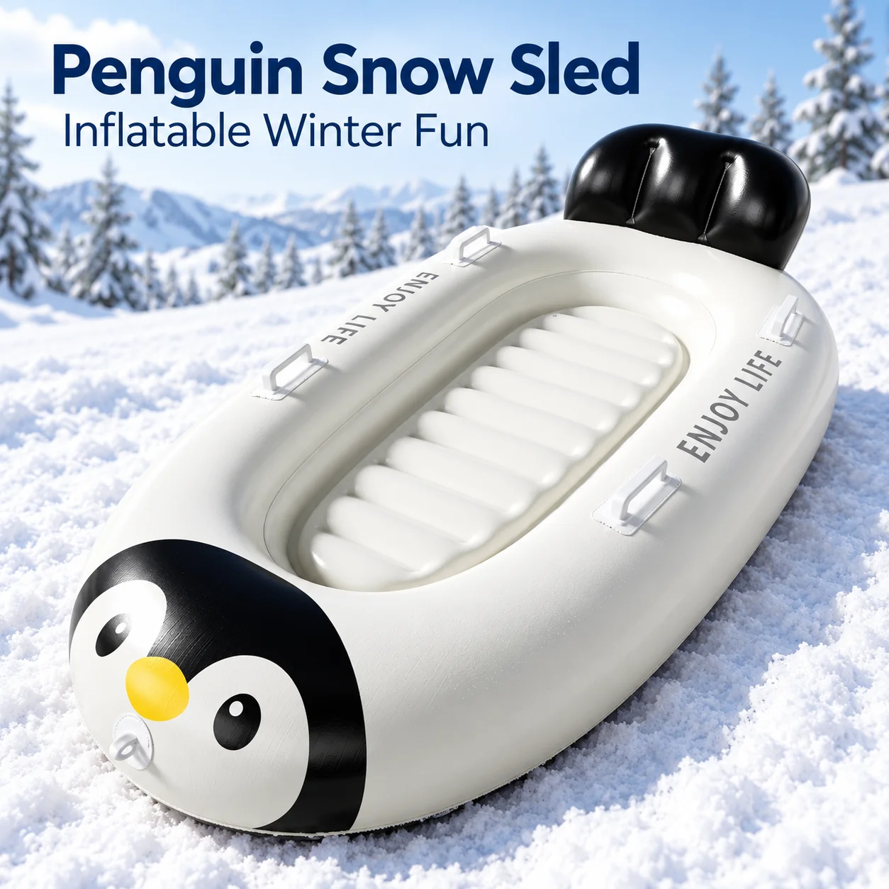 2 Person Snow Tube Inflatable Penguin Snow Sled 160cm Double Rider Snow Tubing Sledge with Backrest 4 Handles Winter Outdoor