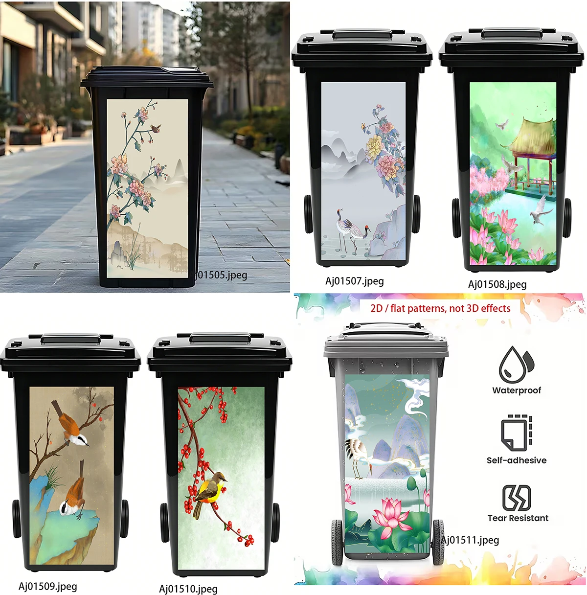 Waterproof Oriental Chinese Ink Bird Lotus Wheelie Bin Decals Self Adhesive PVC Dustbin Wrap Outdoor Kitchen Home Decor Stickers