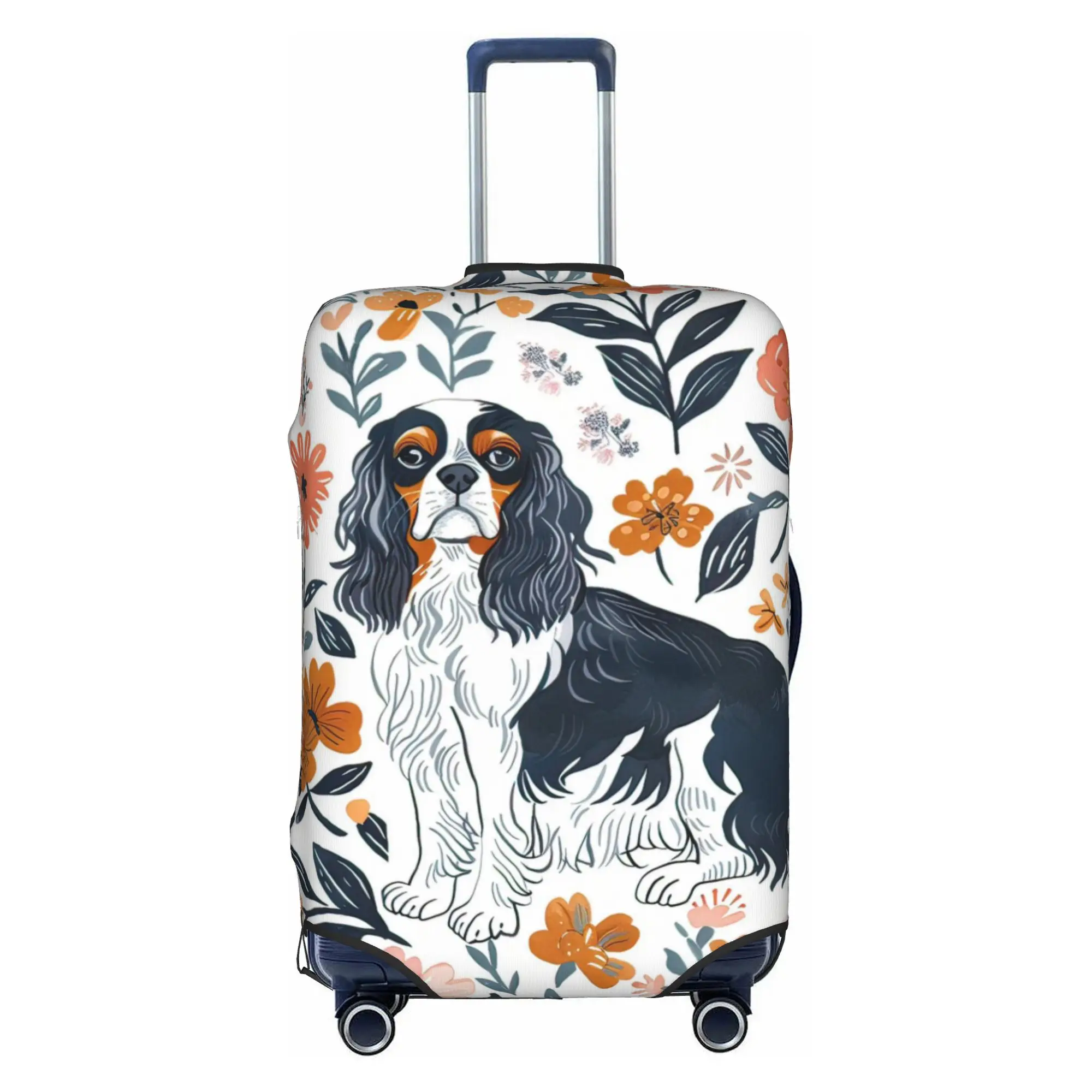 Custom Cavalier King Charles Spaniel Floral Art Print Suitcase Cover Elastic  Travel Luggage Covers for 18-32 inch